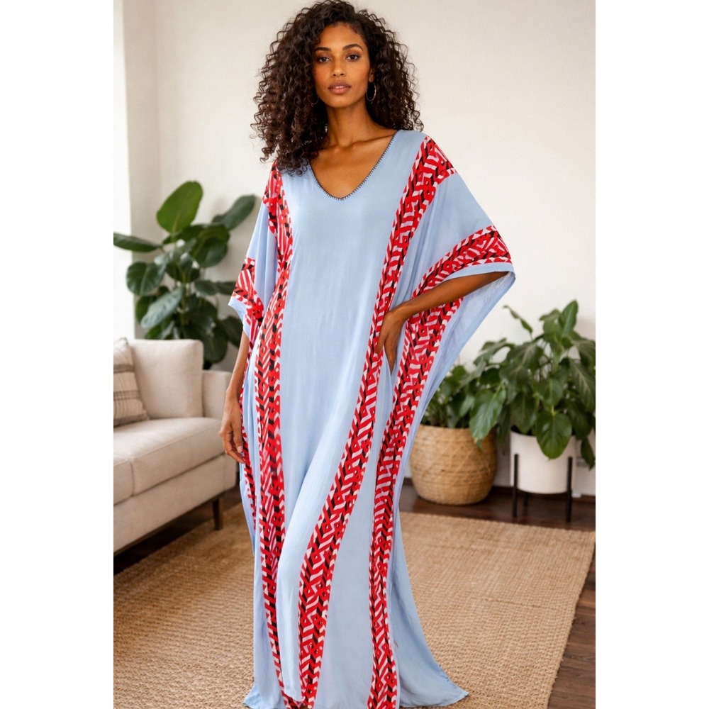 Bel Kazan Abstract Allegra Kaftan Maxi Dress Sz L/XL Resort Vacation Beach Wear